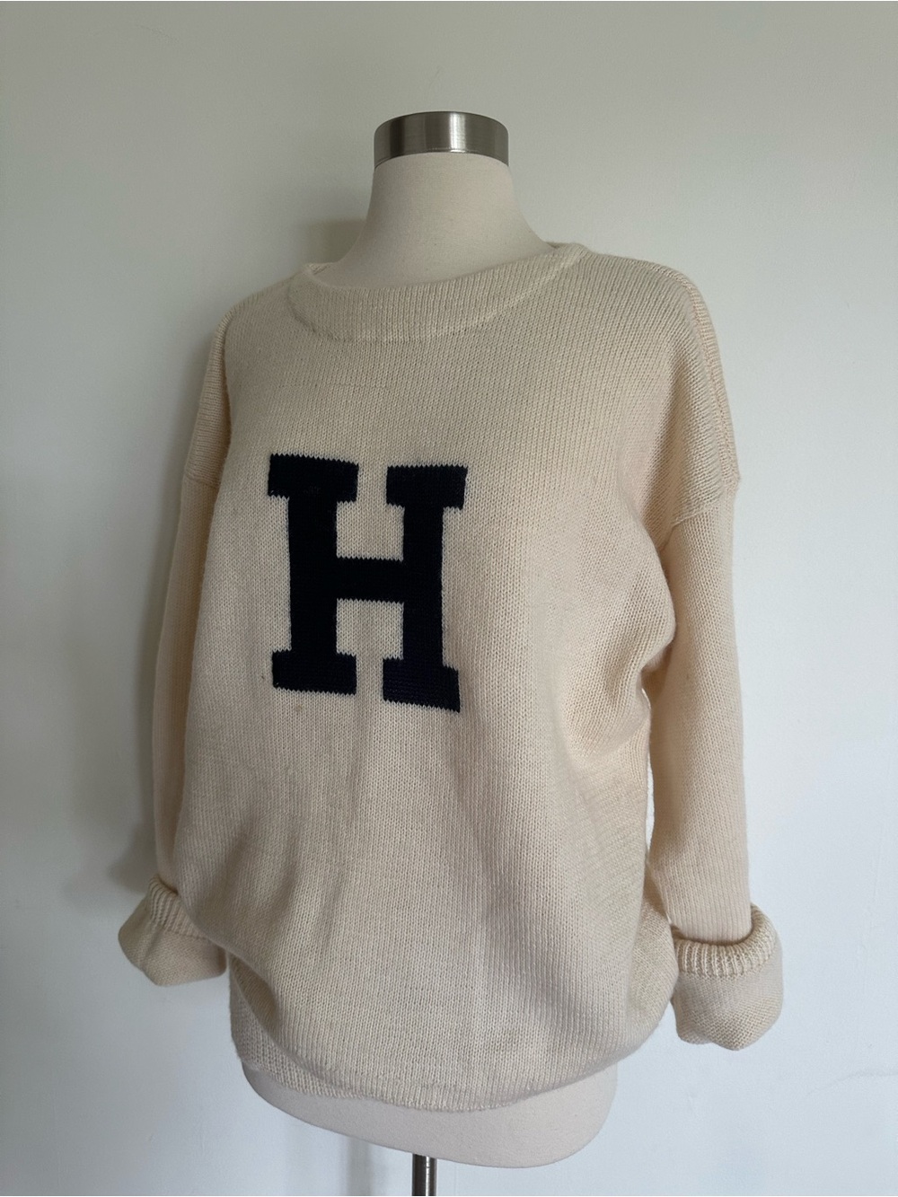 VINTAGE Harvard Letter H 100% Wool Sz L Sweater Timeless Style